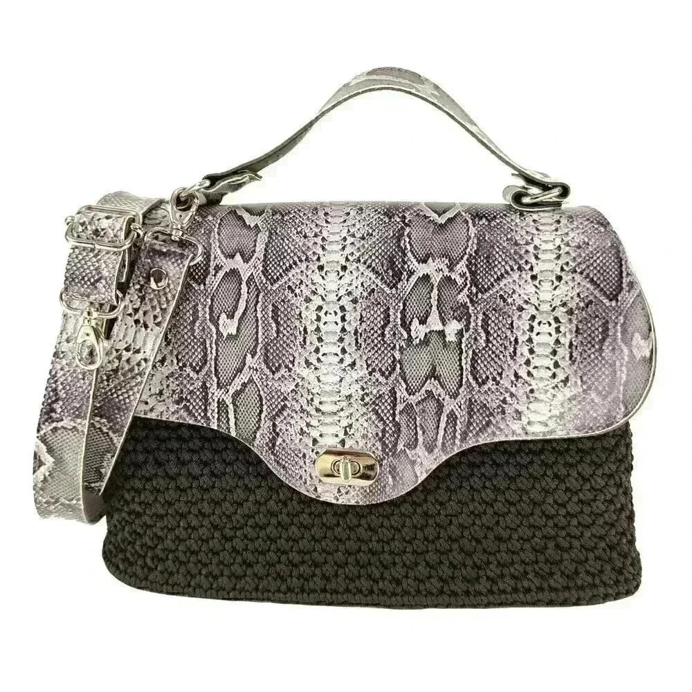 Crochet Satchel Shoulder Bag Faux Leather Animal Print Black Nylon Handmade